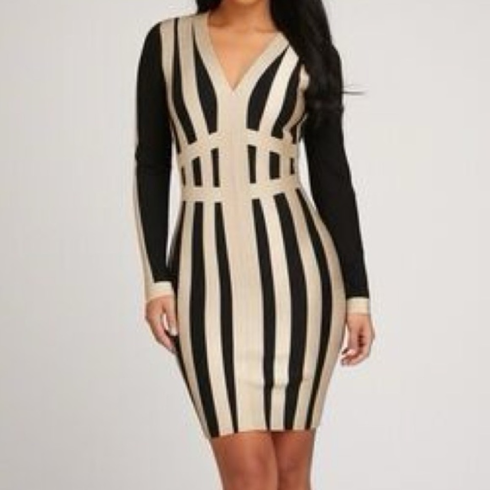 Bebe Black and Gold Metallic Bandage Long Sleeve V-Neck Mini Dress